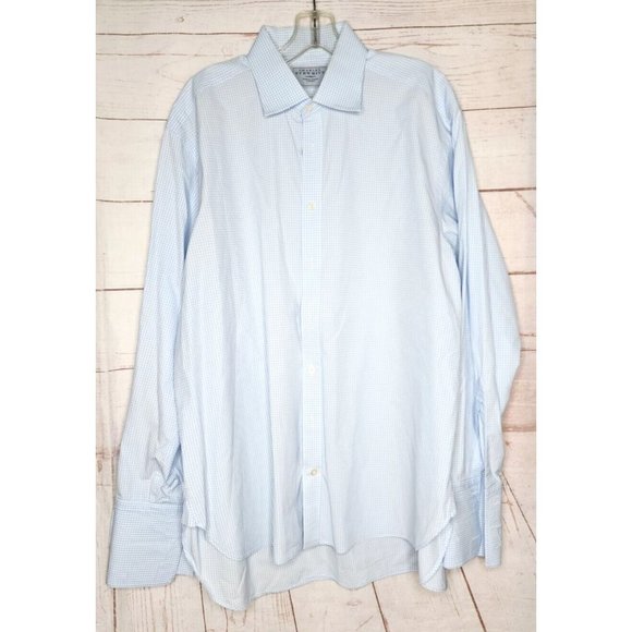 Charles Tyrwhitt London Blue Checkered French Cuff 17 1/2x36 Embroidered Shirt - Picture 12 of 12